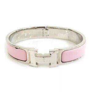 Auth HERMES Clic Clac H Bangle Bracelet Silver/Light Pink Metal/Enamel